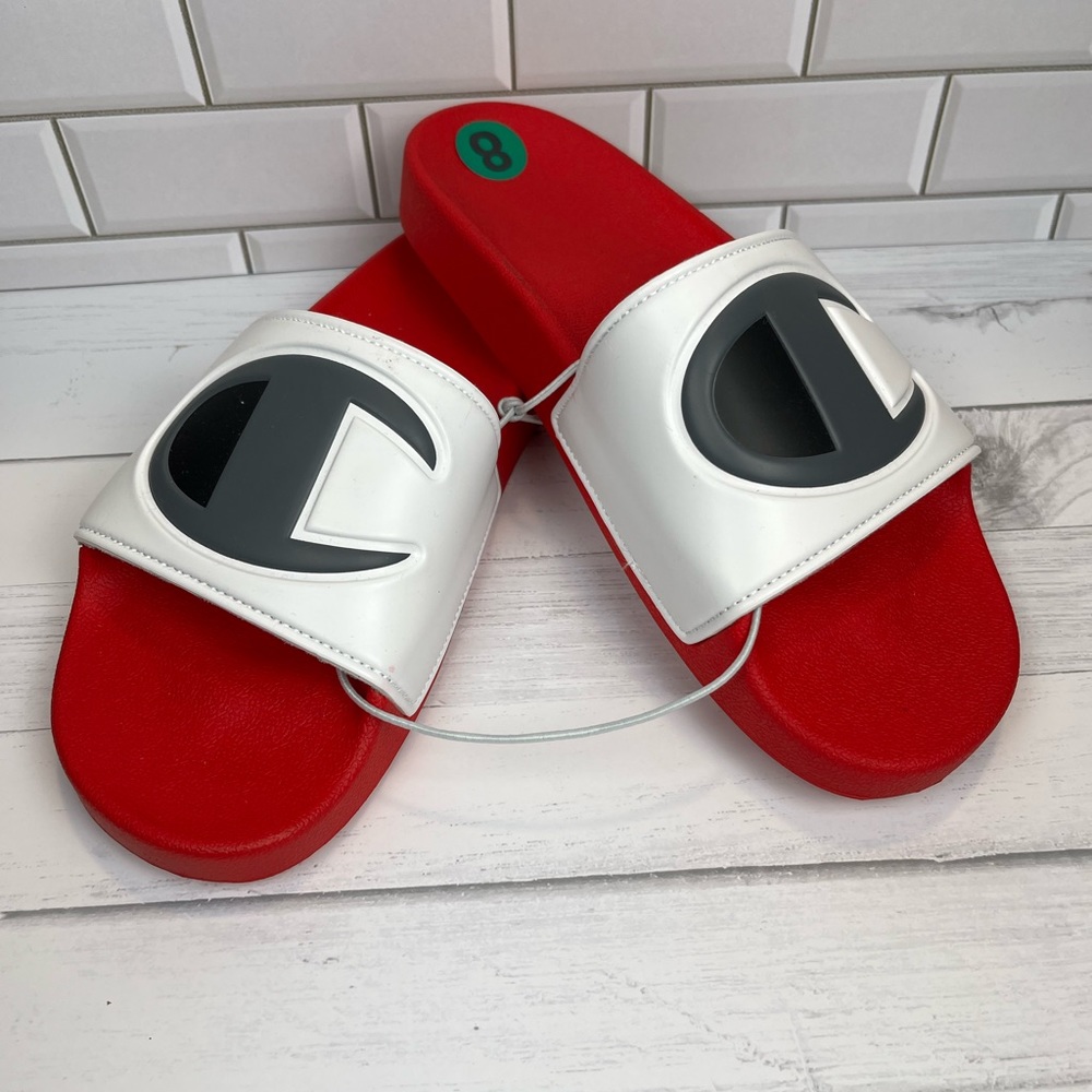 Champion Size:8 Men  Red Gray  Slides Super Comfortably All Season Slides Rubber